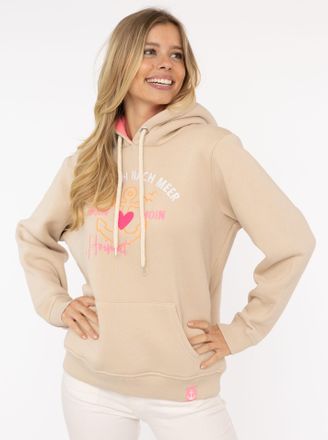 Zwillingsherz Hoodie ZWILLINGSHERZ Fernweh nach Meer, Damen, Gr. L/XL (L/XL), beige (hellbeige), Obermaterial: 50% Baumwolle, 50% Polyester, comfort fit h&uuml;ftbedecke