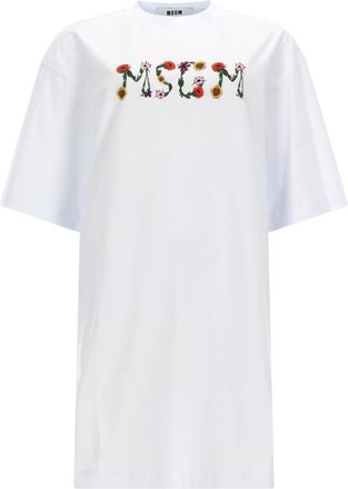 Msgm White Graphic Crew Neck Mini Dress