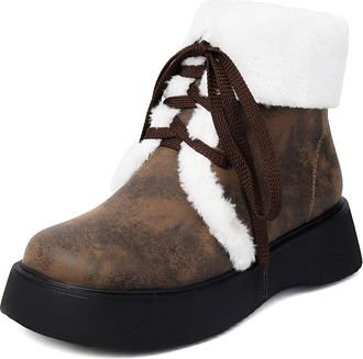 Generic Womens Lace Up Winter Short Boots Round Toe PU Leather Ankle Boots Flat Heel Platform Formal Shoes,Brown,3.5 UK