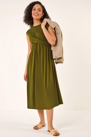Roman Crossover Front Stretch Midi Dress