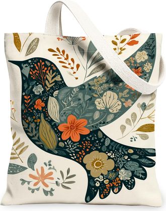 Generic Floral Bird Canvas Tote Bags, Vintage Flower Plant Pattern Reusable Grocery Bags, Lightweight Washable Shoulder Strap, Cream, 13x15 Inch