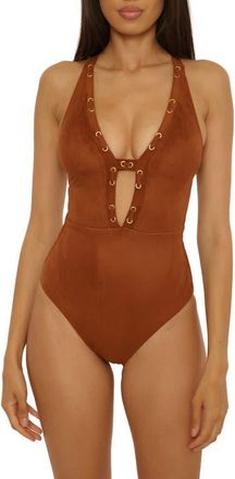 Lucky Brand Montauk Faux Suede One-Piece Swimsuit in Almond at Nordstrom, Size Medium