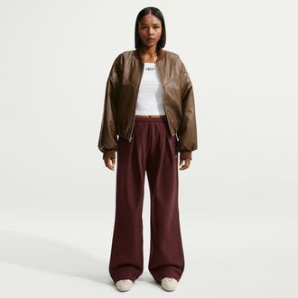 Nike Womens Studio Fleece Heavyweight Oversized Pleated High-Rise Open-Hem Pants in Purple | IM8092-658