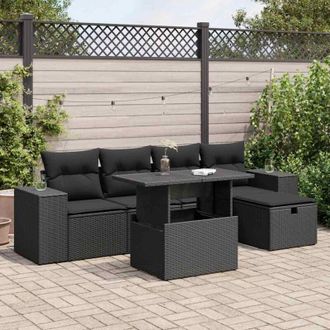 vidaXL Set De Sof&aacute;s De Jard&iacute;n 6 Piezas Y Cojines Rat&aacute;n Sint&eacute;tico Negro