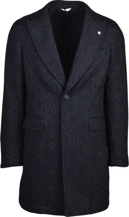 Manuel Ritz Blue/Black Tailored Herringbone Polyester-Blend Coat