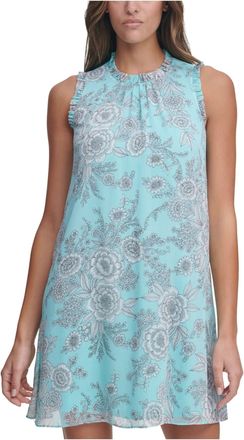 Tommy Hilfiger Womens Aqua Ruffled Floral Sleeveless Mock Neck Mini Shift Evening Dress UK Size: 14