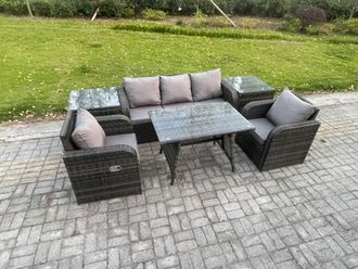 Fimous Rattan Wicker Garden Furniture Patio Conservatory Sofa Set with Dining Table Reclining Chair 2 Side Tables in Dark Grey
