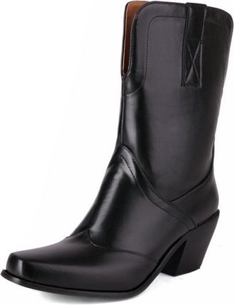 Generic Womens Fashion Cutout Western Cowgirl Ankle Boots Square Toe Chunky Heel Pull On Vintage Casual Shoes (Black,7.5)