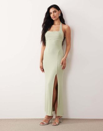 Asos Vestito lungo allacciato al collo in rete verde salvia con bustino arricciato