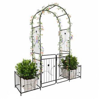 Relaxdays Relaxdays Arco per rose in metallo con cancello a 2 ante e 2 fioriere, HBT: 220x202x50 cm, nero