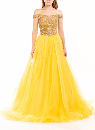 Sherri Hill Scalloped Portrait Neckline Gown In Yellow