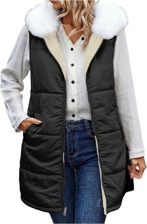 Generic Fleece Lined Gilet For Women Uk Faux Fur Hood Long Puffer Vest Quilted Padded Outdoor Jackets Ladies Sleeveless Lightweight Coat Open Front Cardigan Z