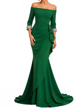 Jovani Off-Shoulder Gown With Beaded Cuffs In Green