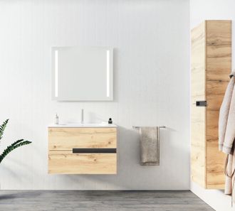 Aurlane Aurlane - Mueble De Ba&ntilde;o 80 Cm Roble Claro - 2 Cajones Y Lavabo De Cer&aacute;mica Blanca