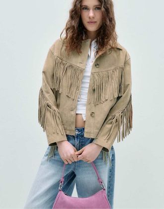 Stradivarius Giacca in pelle color pietra con frange-Bianco