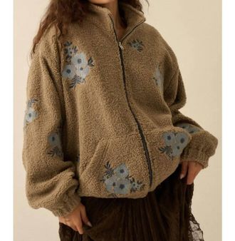 Promesa Warm Blossoms Floral-Embroidered Fleece Jacket In Espresso