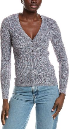 Minnie Rose Cashmere-Blend Rib Marled Henley Cardigan