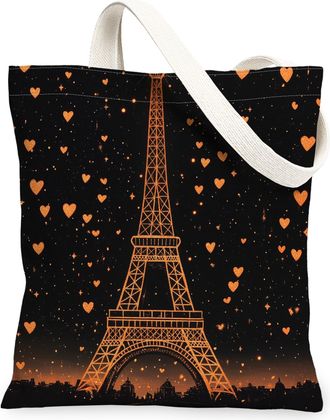 Generic Vintage Elegant Canvas Tote Bags, Paris Paris Tower Hearts Pattern Reusable Shopping Bags, Lightweight Washable Shoulder Strap Canvas for Travel Beach