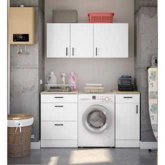 Dmora Set Muebles Para Lavander&iacute;a Lodrino, Composici&oacute;n Lavander&iacute;a Moderna, Soluci&oacute;n Optimizada Para Zona De Lavado, Blanco Y Roble - Dmora