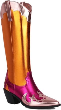 Generic Womens Pointed Toe Embroidered Metallic Western Cowboy Boots Pointed Toe Chunky Heel Pull On Knee High Shoes (7.5,Gold)