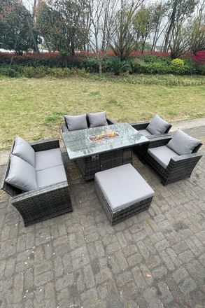 Fimous Rattan Outdoor Furniture Gas Fire Pit Rectangle Dining Table Gas Heater Chairs Sofa Set 7 Seater in Dark Grey
