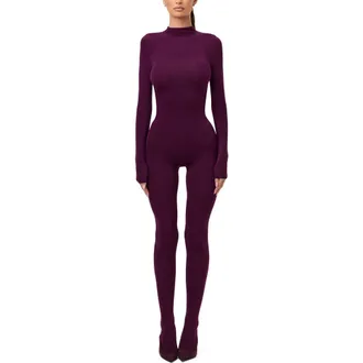 Naked Wardrobe Long Sleeve Closed Toe Jumpsuit in Dark Berry at Nordstrom, Size Large