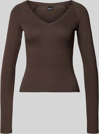 Gina Tricot Slim Fit Longsleeve mit V-Ausschnitt in Schoko, Gr&ouml;&szlig;e XS