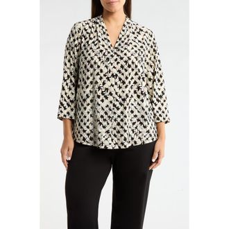 Anne Klein Print Pleat Three-Quarter Sleeve Top in Anne Black/Beige Multi at Nordstrom, Size 0 X