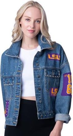 G-III 4Her by Carl Banks Womens G-III 4Her by Carl Banks Denim LSU Tigers Game Ball Patches and Studs Full-Button Jacket at Nordstrom, Size X-Large