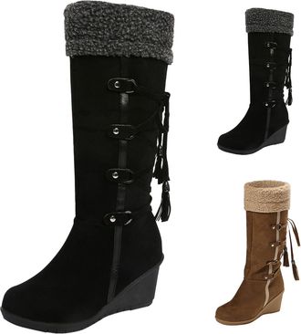 Generic Fuzzy Winter Snow Boots for Women Wedge Platform Mid Calf Boots Ladies Casual Plush Fur Thermal Suede Shoes Round Toe Non Slip Cowgirl Boot with Adjus