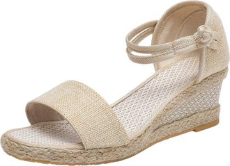 Generic Women Summer Weave Elastic Band Open Toe Sandals Breathable Non Slip Comfortable Beach Walking Footwear (Beige, 6.5)