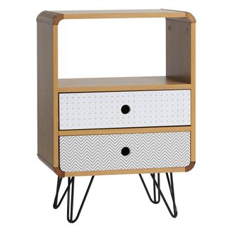 HOMN Mesita de noche 2 cajones, color roble, patas de metal en negro