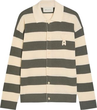 Ami Ami Paris Logo-appliqu&eacute;d Striped Fine-knit Cotton Shirt - White - XL