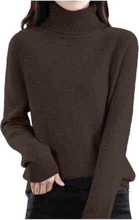 Generic Womens Turtleneck Jumpers Casual Ladies Jumper Sweaters Long Sleeve Pullover Tops Solid Color Knitted Cowl Neck Knitwear,Brown,XXL