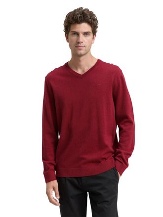 Tom Tailor V-Ausschnitt-Pullover TOM TAILOR, Herren, Gr. XXL, rot (schwarz samba rot melange), Strick, Obermaterial: 100% Baumwolle, meliert, regular fit normal,