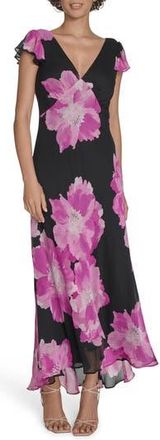 Calvin Klein Floral Flutter Sleeve Chiffon Maxi Dress in Magic Magenta Multi at Nordstrom Rack, Size 4