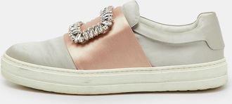Roger Vivier Light Grey/beige Satin Crystal Embellished Sneaky Viv Slip On Sneakers