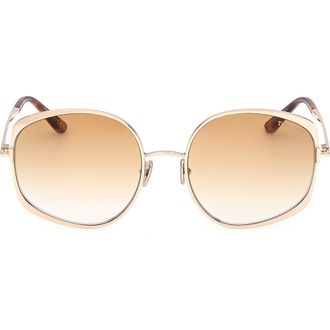 Tom Ford Abbey 58mm Round Sunglasses in Shiny Pale Gold Shiny Classic Havana /t/Logo /Gradient Amber Lens at Nordstrom