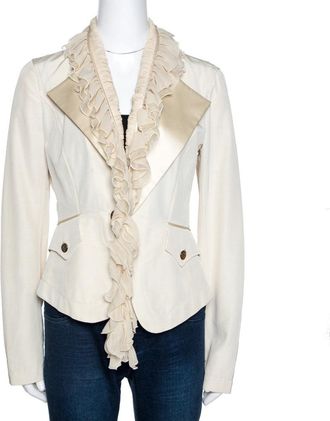 Roberto Cavalli Cream Cotton Blend Ruffle Detail Jacket