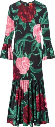 La DoubleJ Alba midi-jurk met bloemenprint en ruches - Zwart