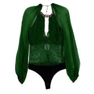 Roberto Cavalli Emerald Silk Sheer-Sleeve Bodysuit, Brand Size 40 ( US Size 6 )
