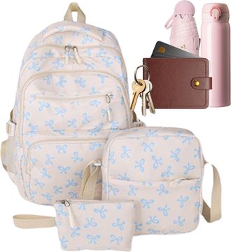 Generic 3-Piece Bow Backpack Set For Girls | Preppy Pack & Shoulder Bag Handbags | Cute Backpacks Set Large Capacity |Preppy Backpack With Bow Pattern For Tee