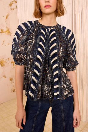 Ulla Johnson Dafne Pleated Short Sleeve Blouse In Eclipse