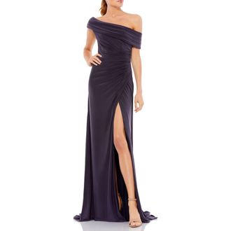 Mac Duggal Foldover off-the-shoulder slit gown in Charcoal at Nordstrom, Size 6