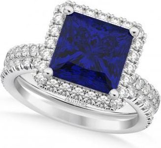 Allurez Blue Sapphire & Diamonds Princess-Cut Halo Bridal Set 14K White Gold (3.74ct)