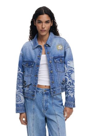 Desigual Lander Blue Denim Trucker Jacket with Oriental Embroidery 25WWED07