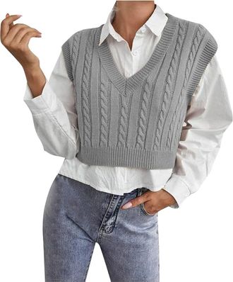 Generic Womens Sweaters Vest Stylish Vintage V Neck Chunky Knitted Sleeveless Jumpers