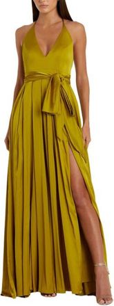 Mac Duggal Charmeuse Halter Strap Soft Tie Waist Gown in Chartreuse at Nordstrom, Size 2
