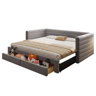 STILVORA Cama Nido 90 X 190 Cm Y 180 X 190 Cm De Lino Con 2 Cajones, Cabecero Tapizado, Sin Colch&oacute;n, Gris