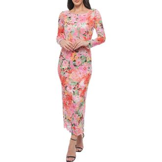 Marina Rossini Floral Long Sleeve Lace Body-Con Dress in Pink/Multi at Nordstrom Rack, Size Large